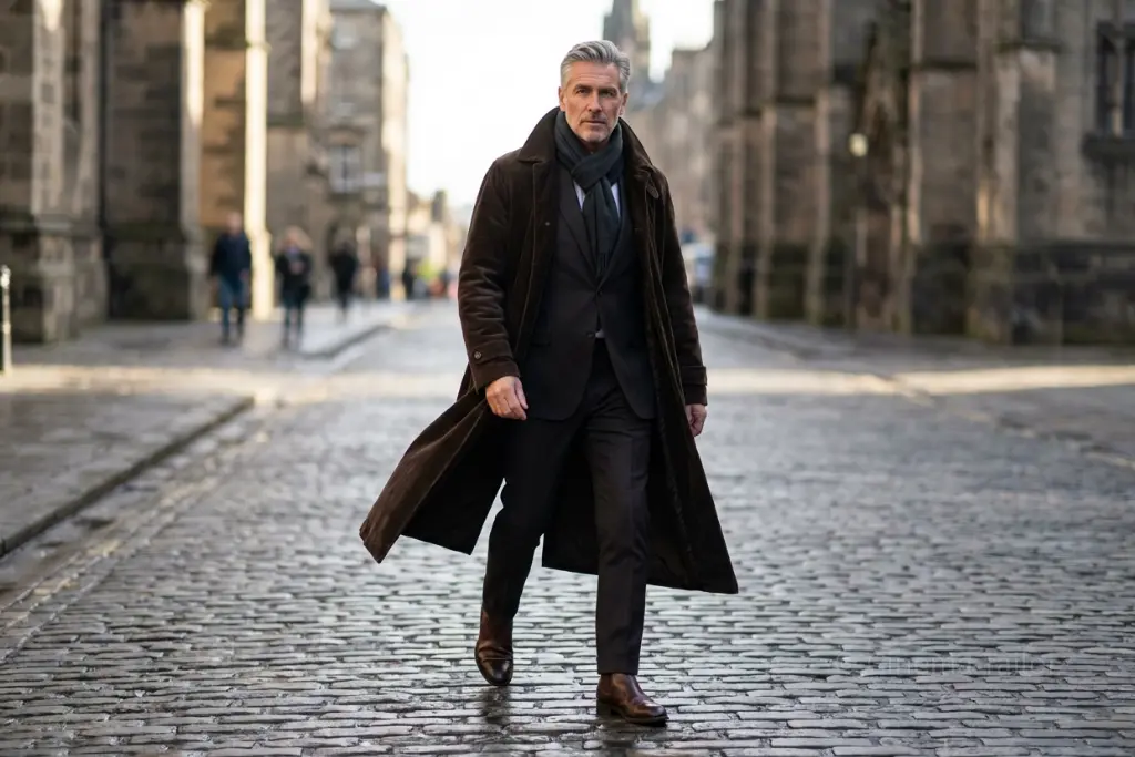 Mature man wearing a corduroy duster coat in an urban setting.