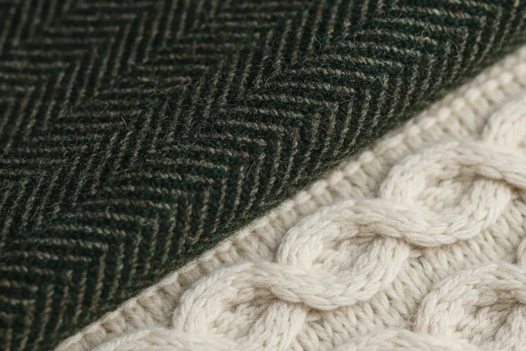 Textures of the Ivory Tower Close-up shot of cream cable-knit wool and green herringbone tweed fabric textures.