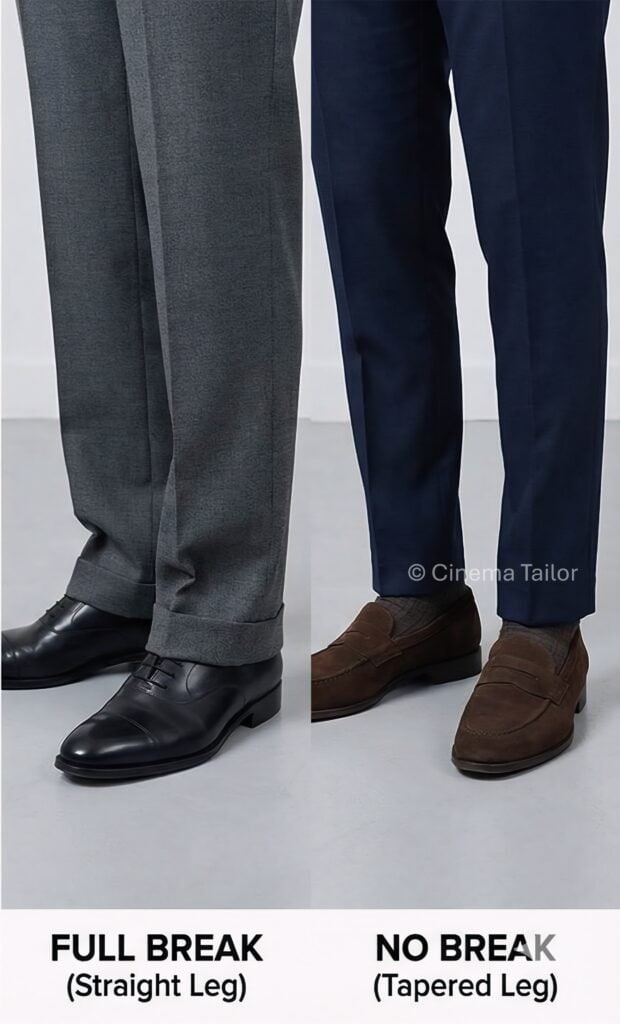 Comparison of trouser hems showing a full break straight leg cut covering black oxford shoes versus a no break tapered leg cut revealing brown loafers and ankles.