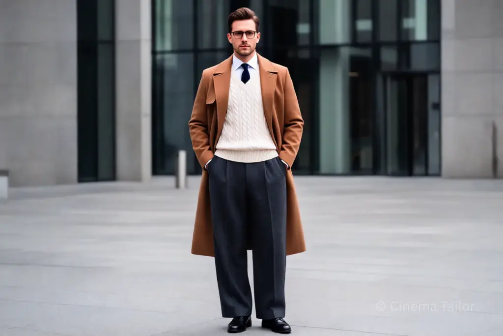 2026 Intellectual Alpha Style A modern man showcasing the intellectual alpha look with wide trousers and a cricket sweater in an urban setting.