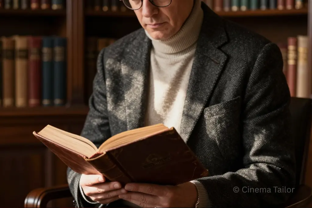 A man in a tweed blazer reading in a library.
