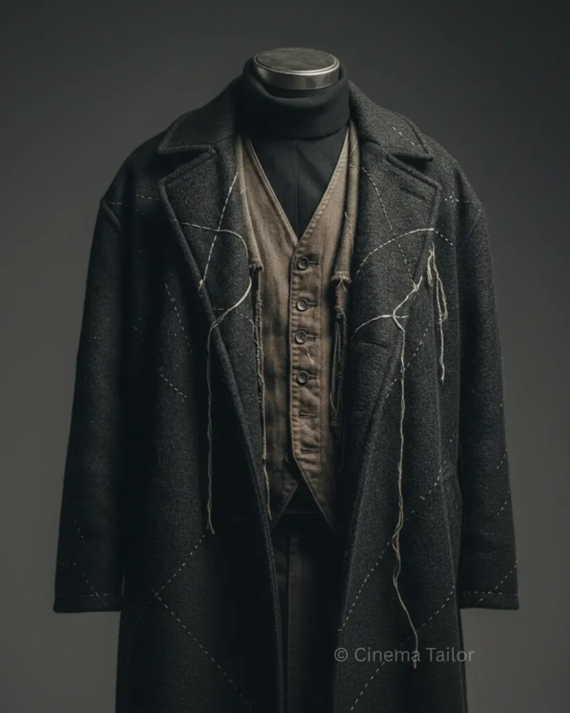 Close-up of heavy distressed charcoal wool coat and canvas vest.
