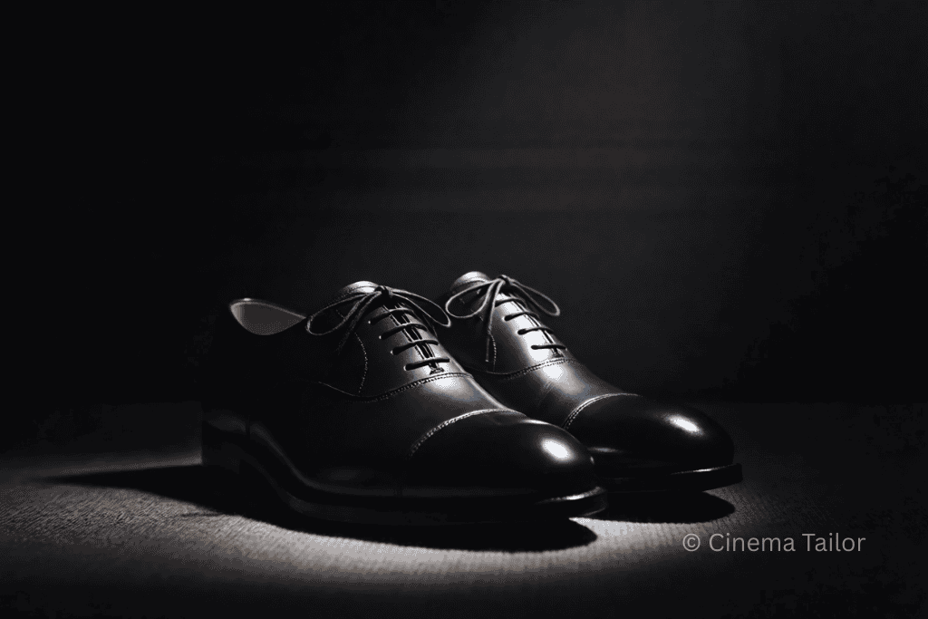 A pair of high-end black cap-toe Oxford shoes with closed lacing system.