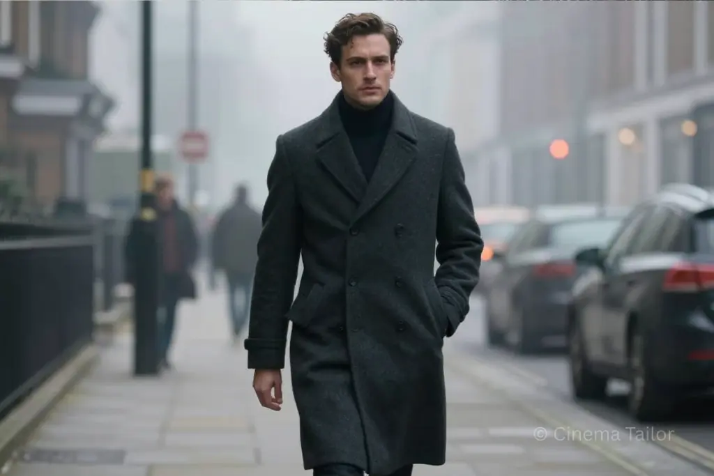 Man in a long charcoal coat in a foggy street.