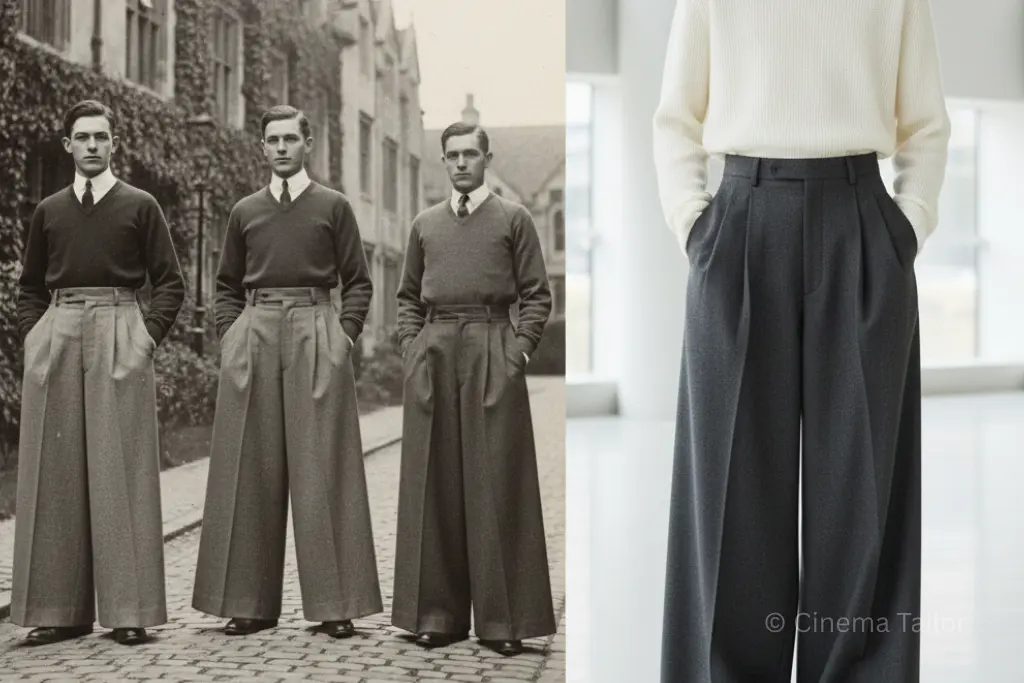 The Evolution of Oxford Bags Comparison of 1920s vintage Oxford Bags trousers and 2026 modern wide-legged fashion.