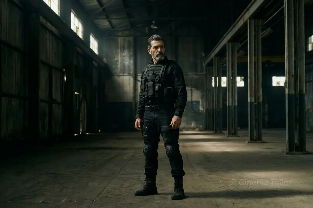 A mature man with a groomed beard in a full tactical black outfit, standing in a dark warehouse, embodying the 'Silent Storm' cinematic aesthetic.