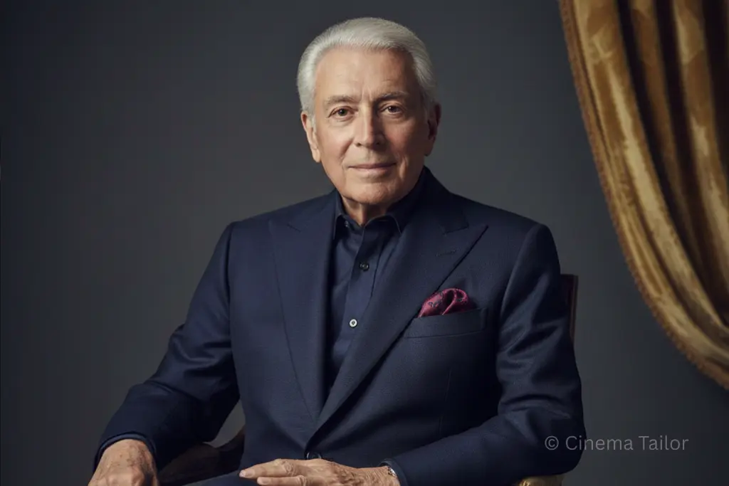 Editorial portrait of Valentino Garavani wearing a bespoke midnight navy Italian suit, symbolizing cinematic elegance.