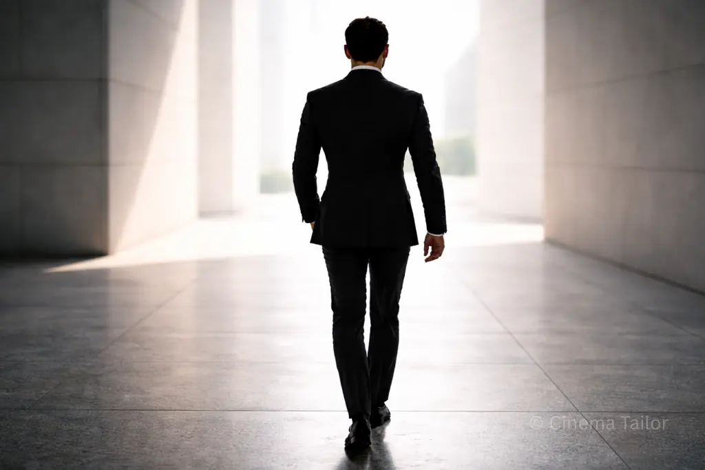 An authoritative silhouette of a successful man in a bespoke suit walking toward a bright and modern architectural background.