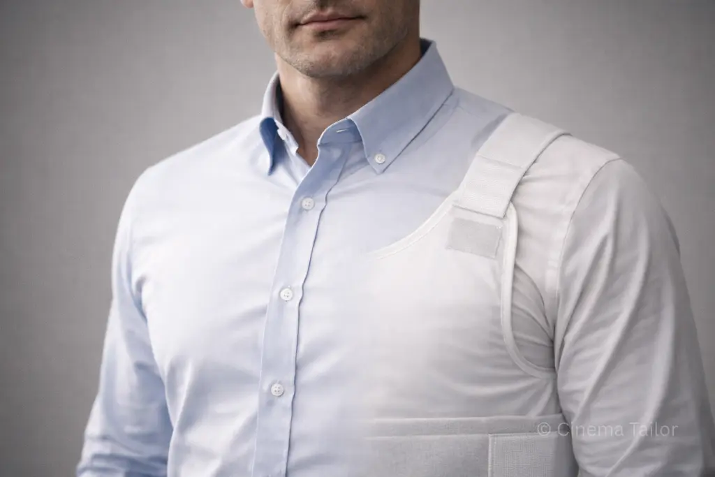 Ultra-thin body armor worn discreetly under a standard dress shirt.