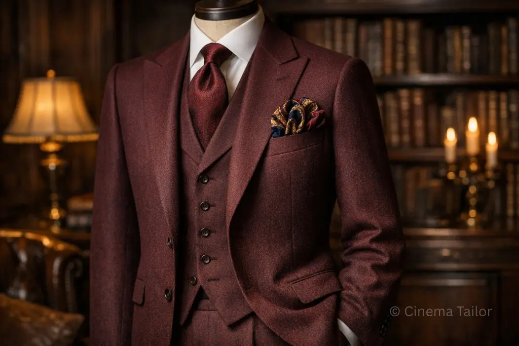 How to style a silk puff pocket square with a formal burgundy three-piece suit.