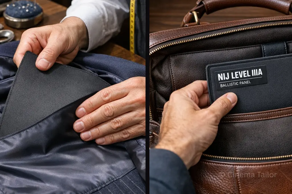 Concealable body armor ballistic panel inserted inside a civilian briefcase, NIJ Level IIIA protection