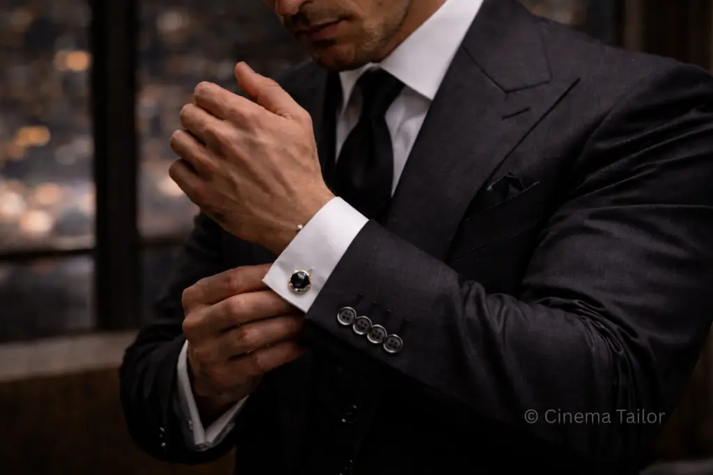 Detailed shot of functional surgeon's cuffs and luxury cufflinks on a corporate stealth wealth suit.