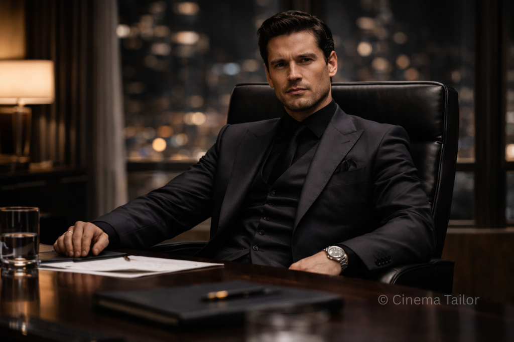 A corporate stealth wealth suit worn by Bruce Wayne in a luxury boardroom.