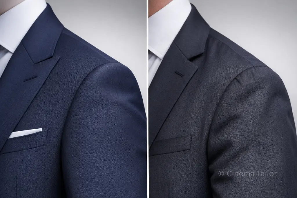 Comparing a structured bespoke shoulder to a poor-quality one in corporate stealth wealth style.