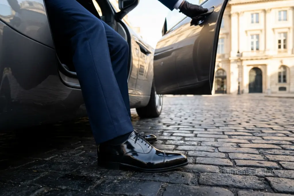 Executive arrival with polished Oxford shoes.