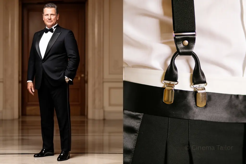 A side-by-side view showing a mature man in a slimming one-button tuxedo (left) and a close-up of suspenders and a cummerbund for midsection support (right).