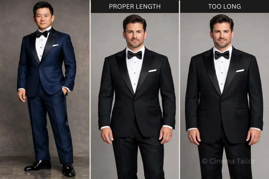 A three-panel comparison showing a well-fitted midnight blue tuxedo on a shorter man (left) and a side-by-side comparison of proper jacket length versus a length that is too long (right).