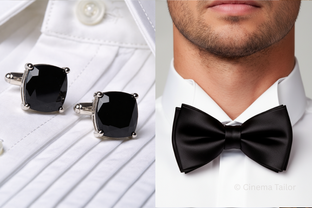 Close-up of a tuxedo shirt featuring a pleated front, black bow tie, and onyx studs.