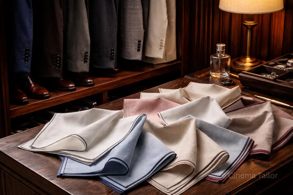 An authentic collection of high-quality linen pocket squares in a gentleman's luxury wardrobe, avoiding pre-folded templates.