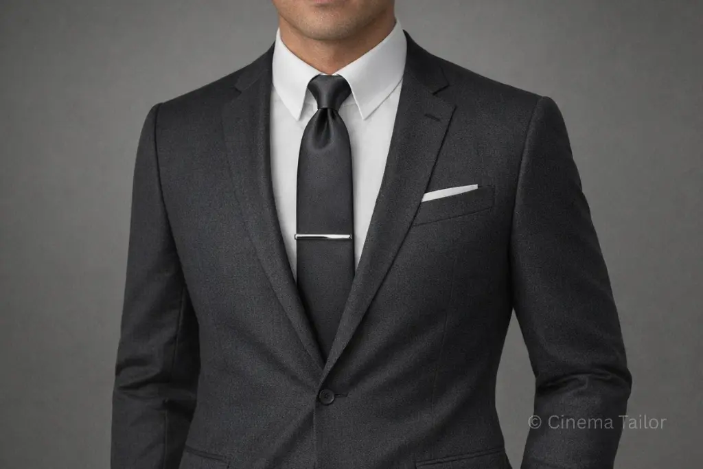 A high-end tailoring detail showing a crisp tab collar shirt with a silver tie bar and a linen pocket square.