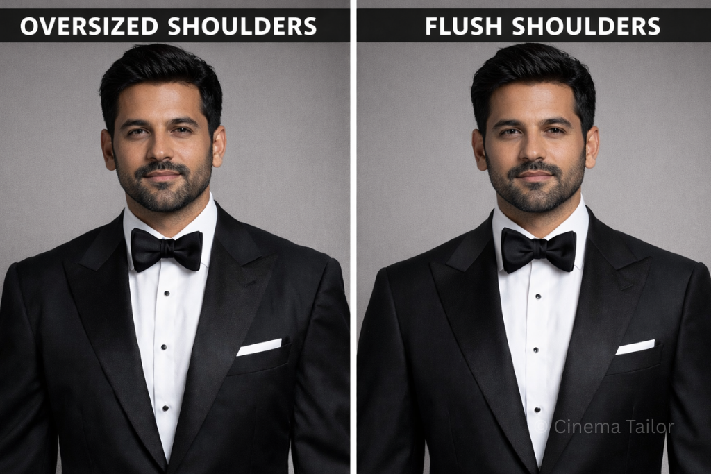 Side-by-side comparison of poor vs perfect tuxedo shoulder fit
